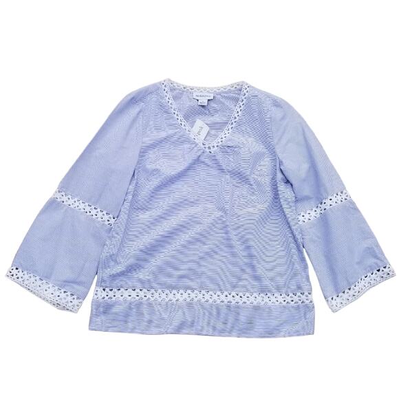 Pinstripe Crochet Inset Top Blue White Stripe Size S VNeck Peck & Peck NWT - Picture 8 of 8